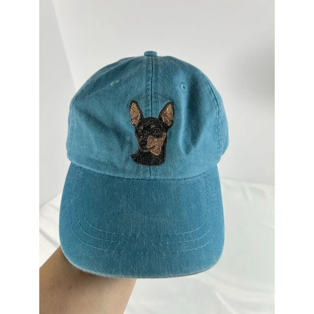 Miniature Pincher Embroidered Cap Cotton Adam Pigment Dyed Turquoise Pet Lover